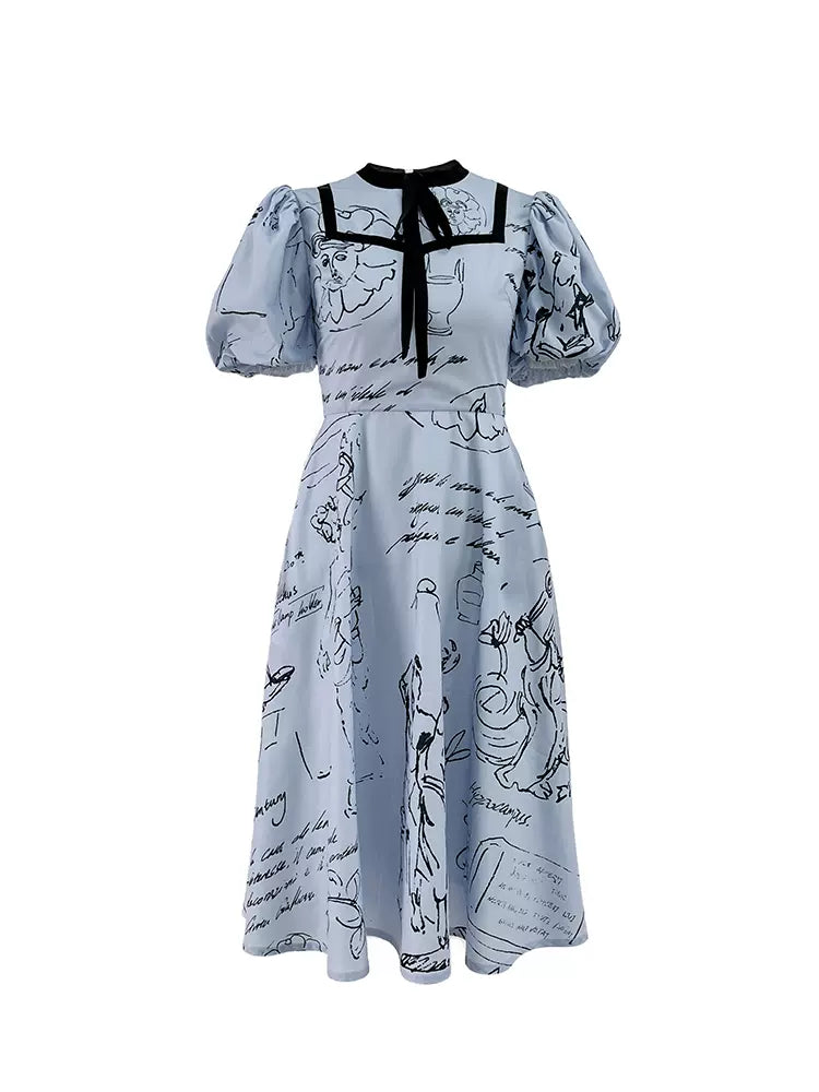 blue Pompeii hand-painted bow short-sleeved dress