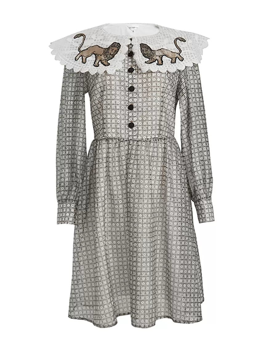 plaid rion embroidery large lapel long-sleeved dress
