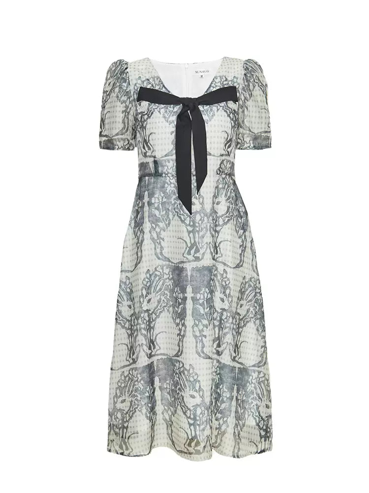 new style bow high-end rabbit print dress