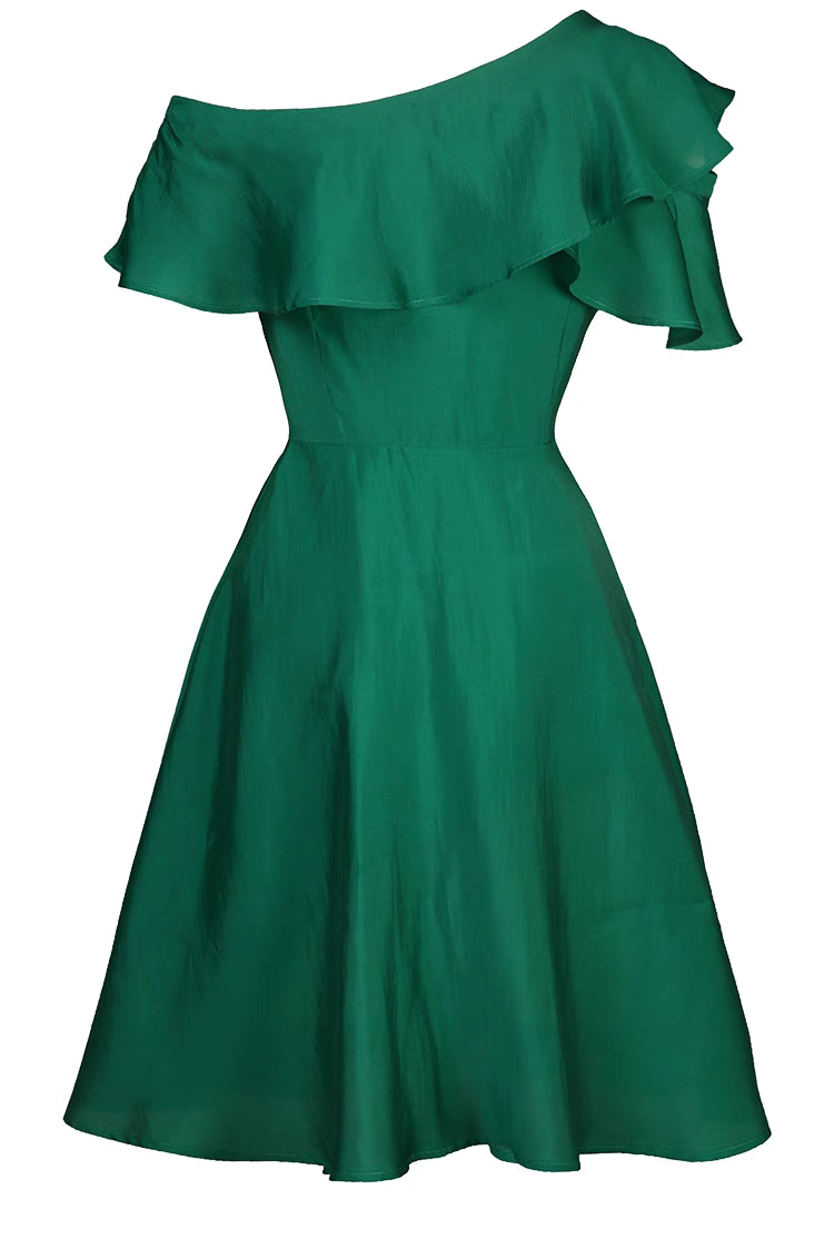 oblique one-shoulder V-neck dress