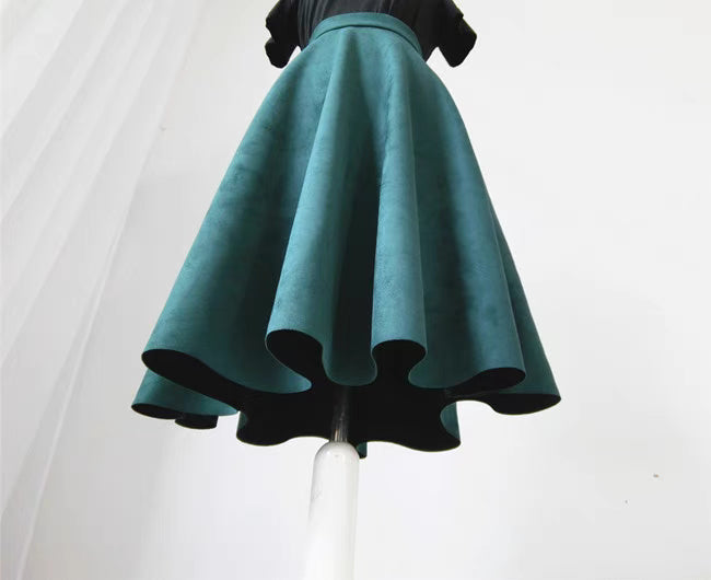 deerskin velvet dark green A-line long skirt
