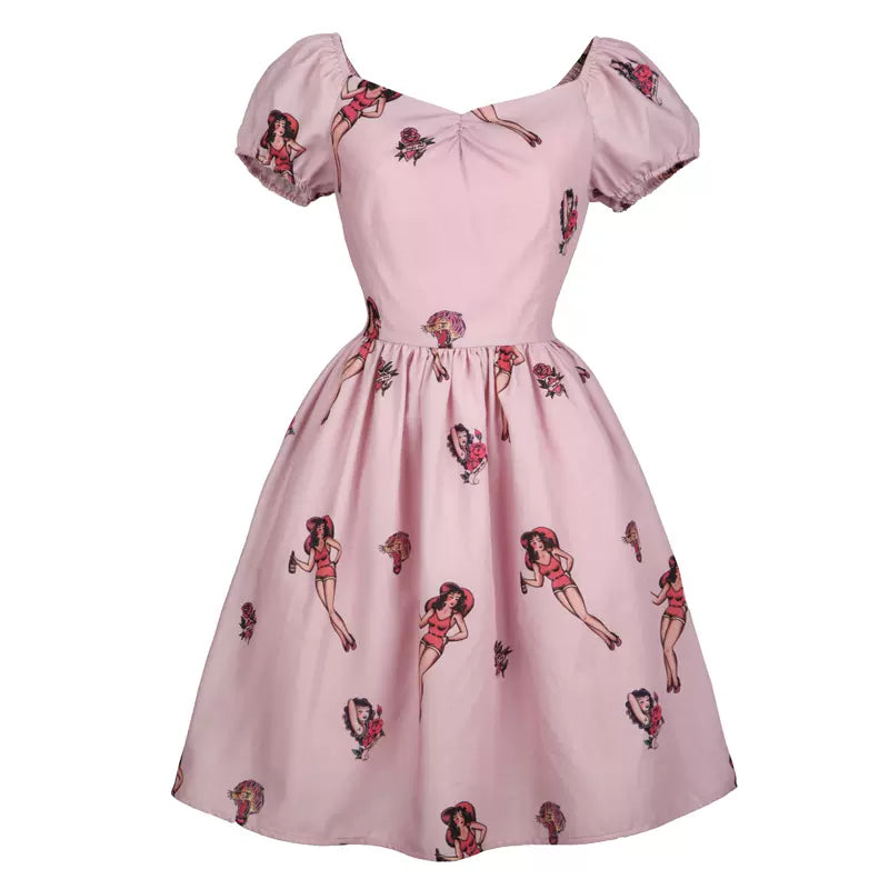 Short V-neck Puff Sleeves Retro Print Tattoo Dress