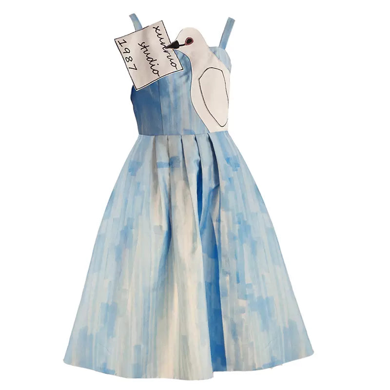 Patchwork Dove Print Suspender Dress