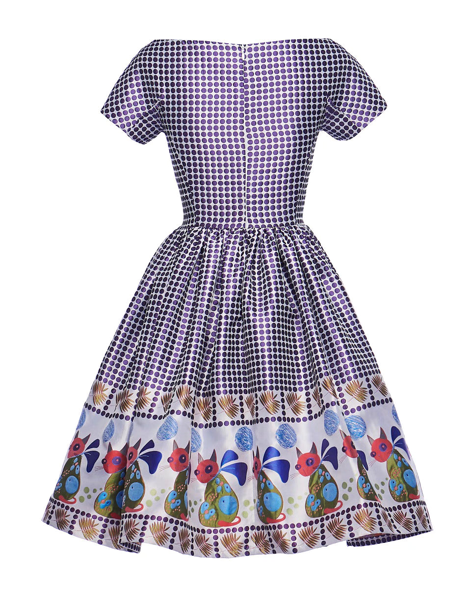 one-line collar polka-dot puffy cat dress