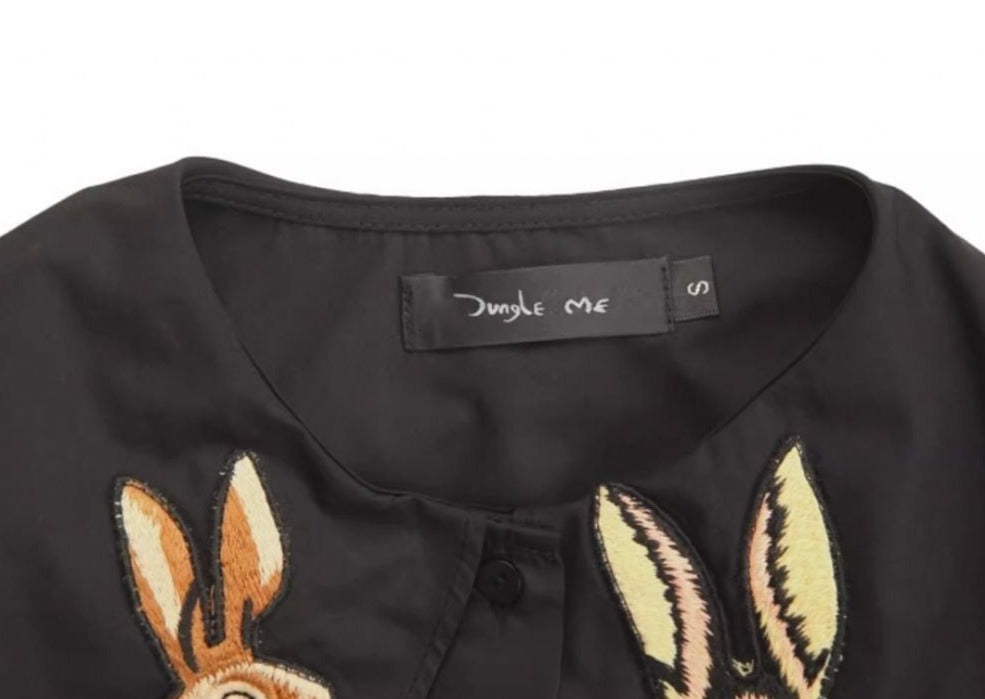 Fairy Tale Two Rabbits Black Cape Collar Long Sleeve Shirt