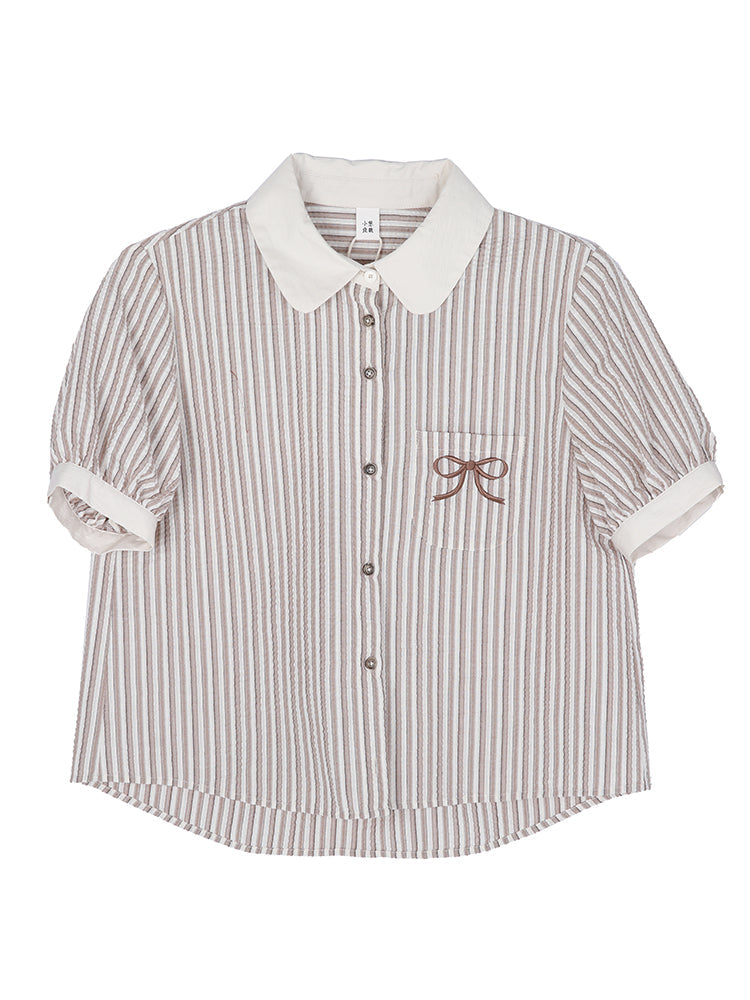 Tailored Milk Coffee Striped Puff Sleeve Shirt
