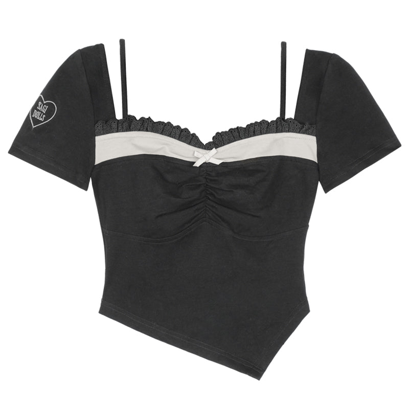 Black Thin Faux Two Piece Square Collar T-Shirt