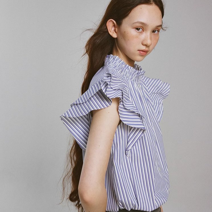 Blue and White Striped Puff Stand Collar Shirt
