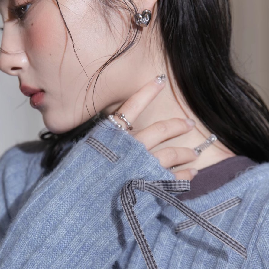 Butterfly Shadow Blue Ribbon Wool Cardigan Set