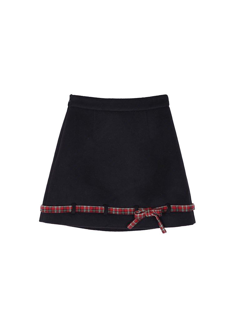 Christmas Red Plaid Color Block Wool Skirt
