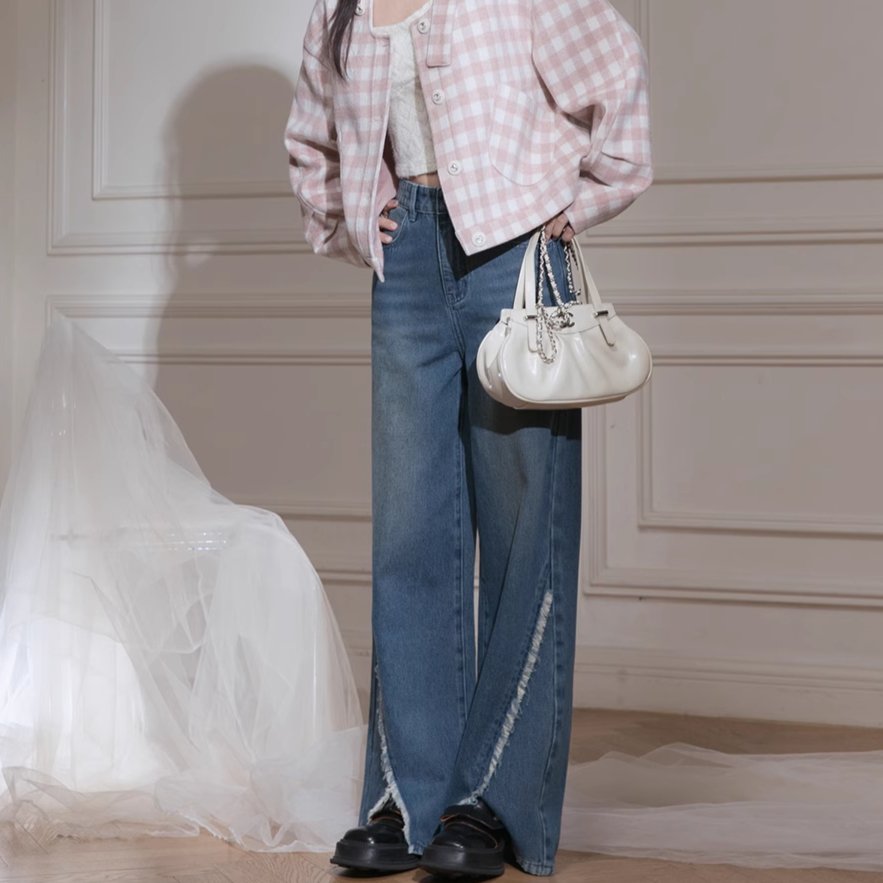 Cobalt blue raw edge slit mid-rise wide-leg jeans