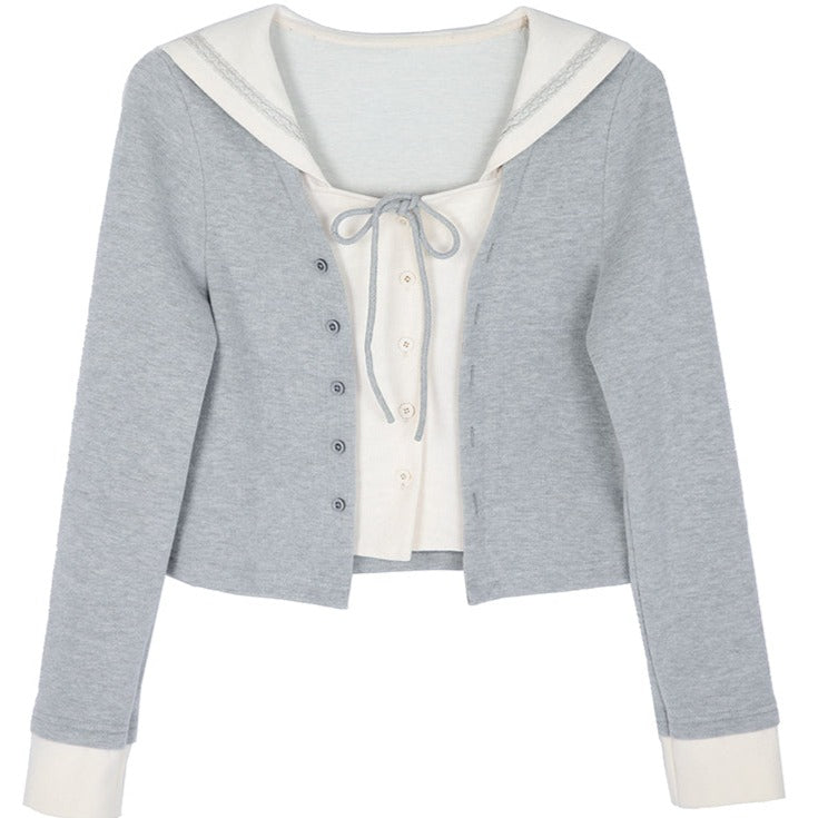 College navy collar fake two-piece knitted cardigan