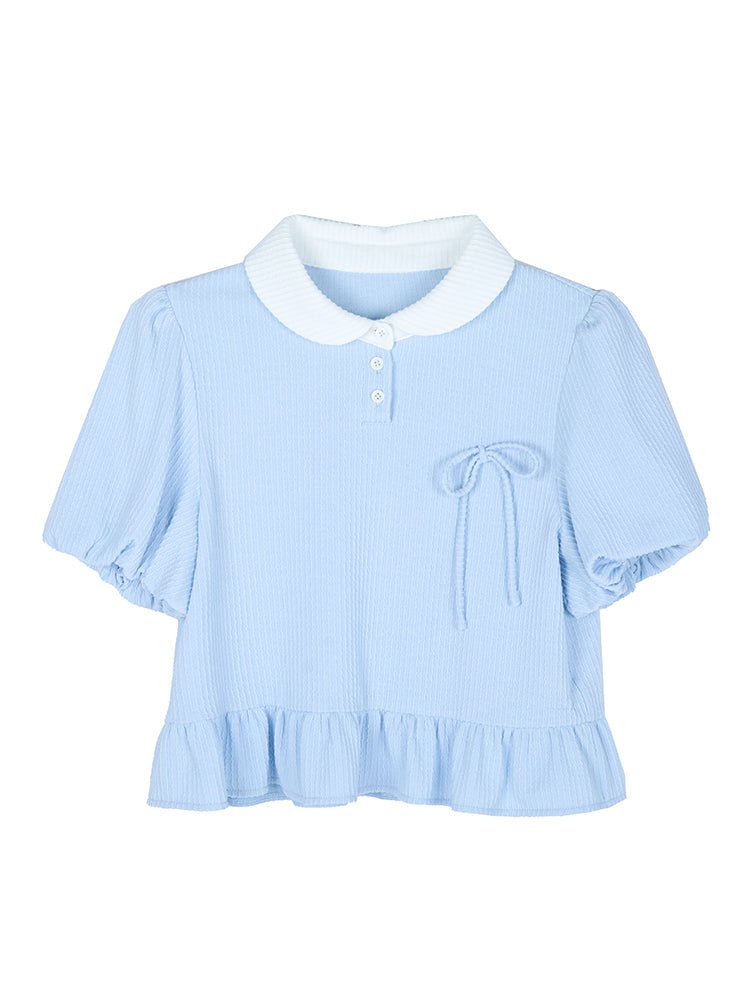 College style loose ribbon puff sleeve short top