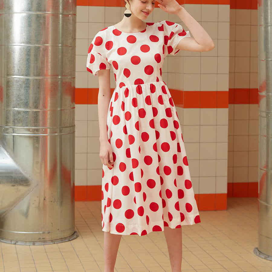 polka dot dress retro style Beige 1960s Polka Dot Square Neck Puff Dress