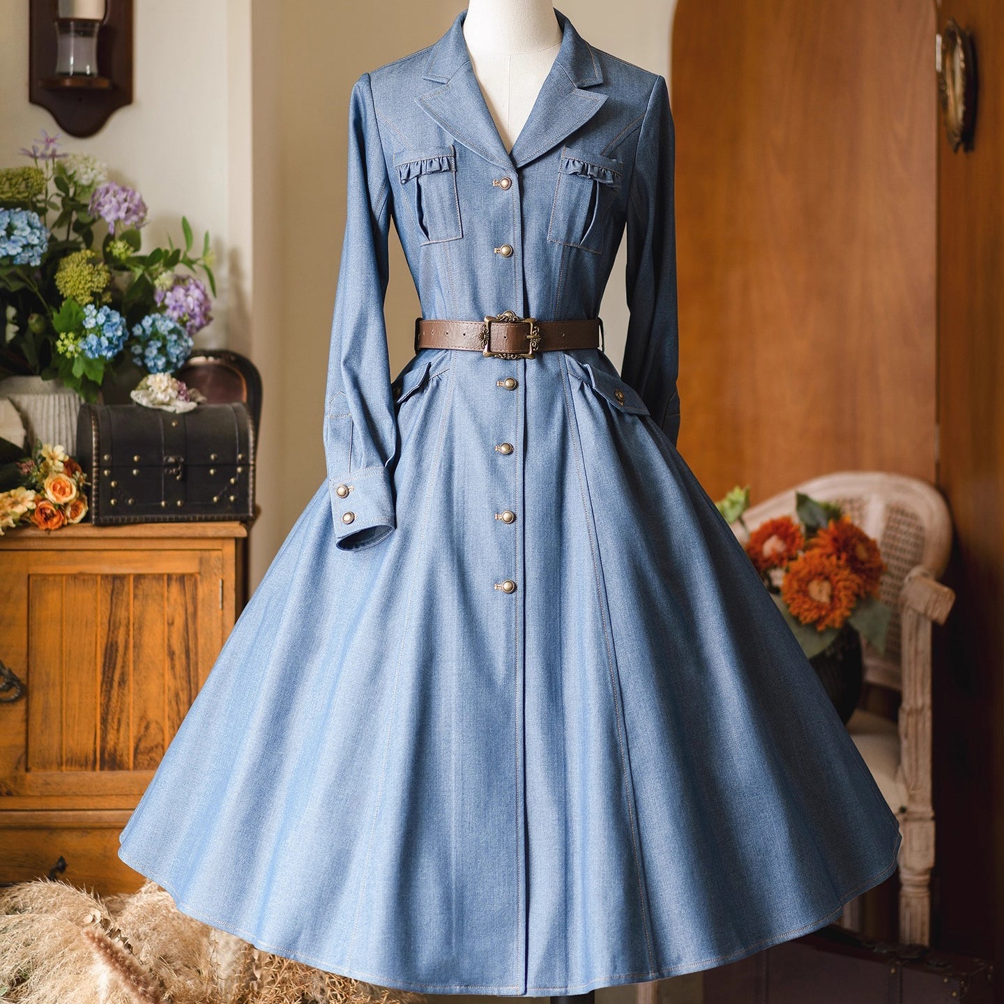 British Lady's Long-Sleeved Denim Dress