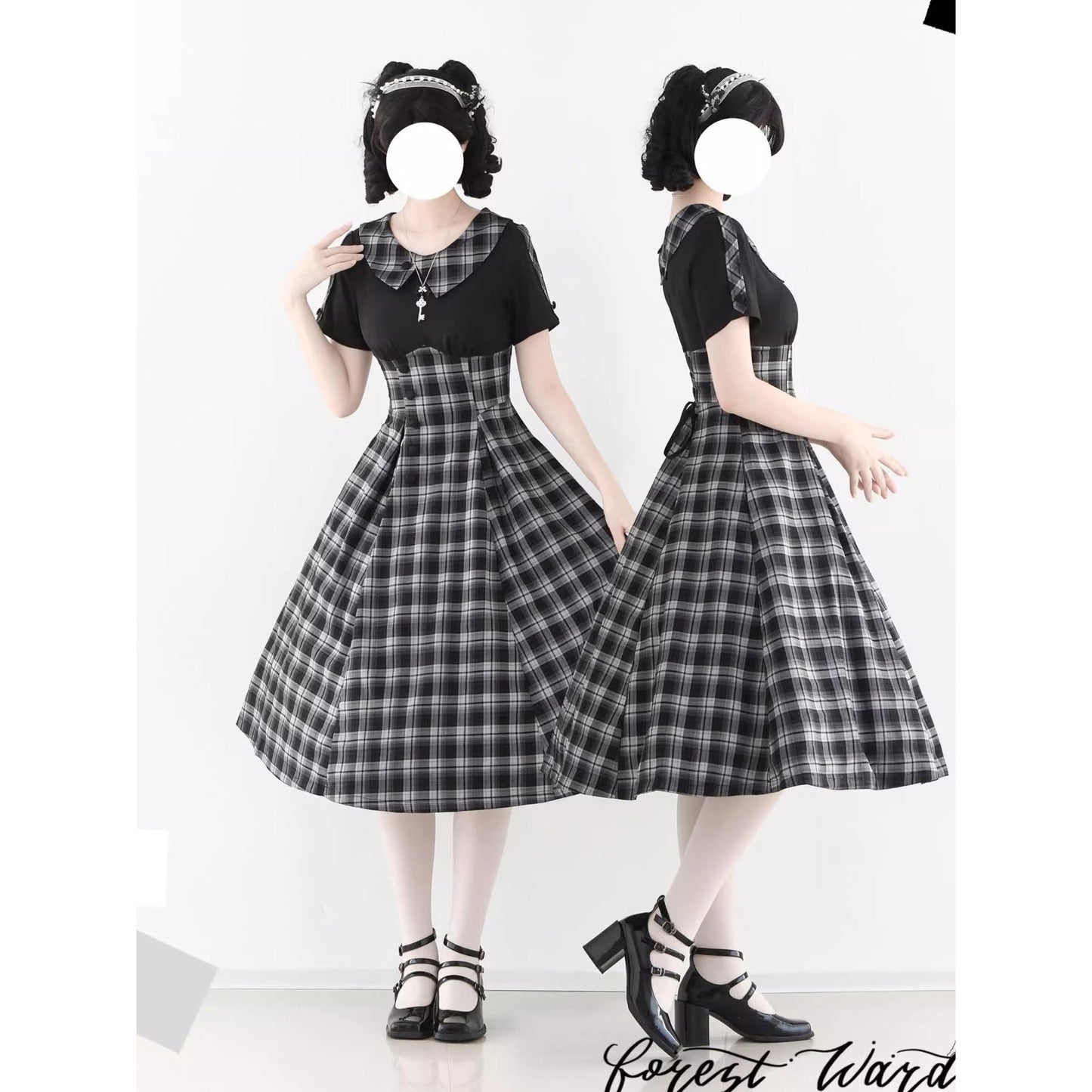 英国令嬢のレトロチェックワンピース - Black