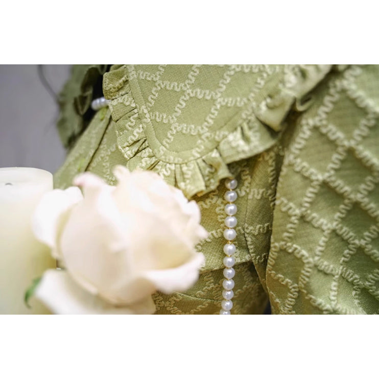 抹茶緑の格子柄レトロワンピース