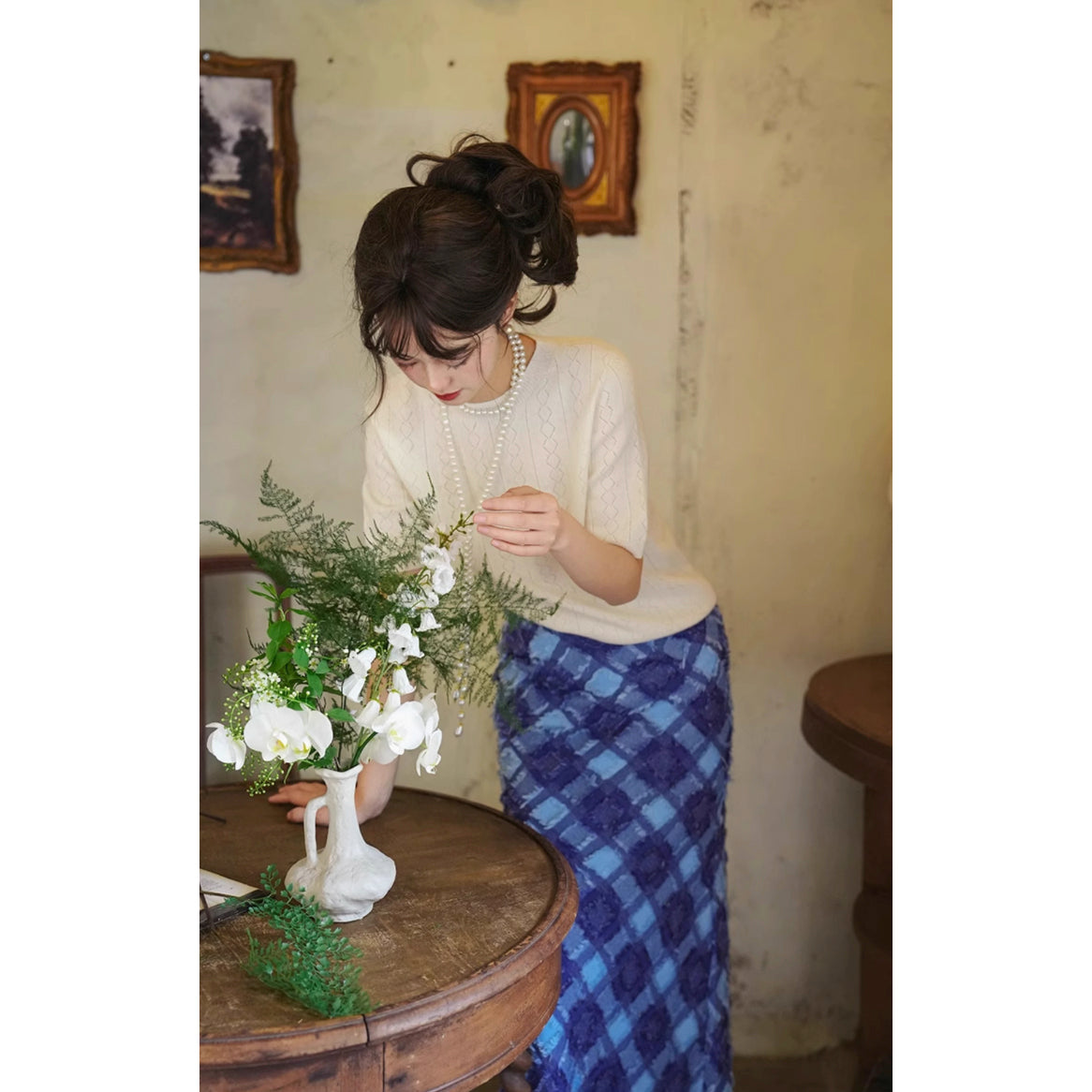 青藍の油彩画ロングスリムスカート