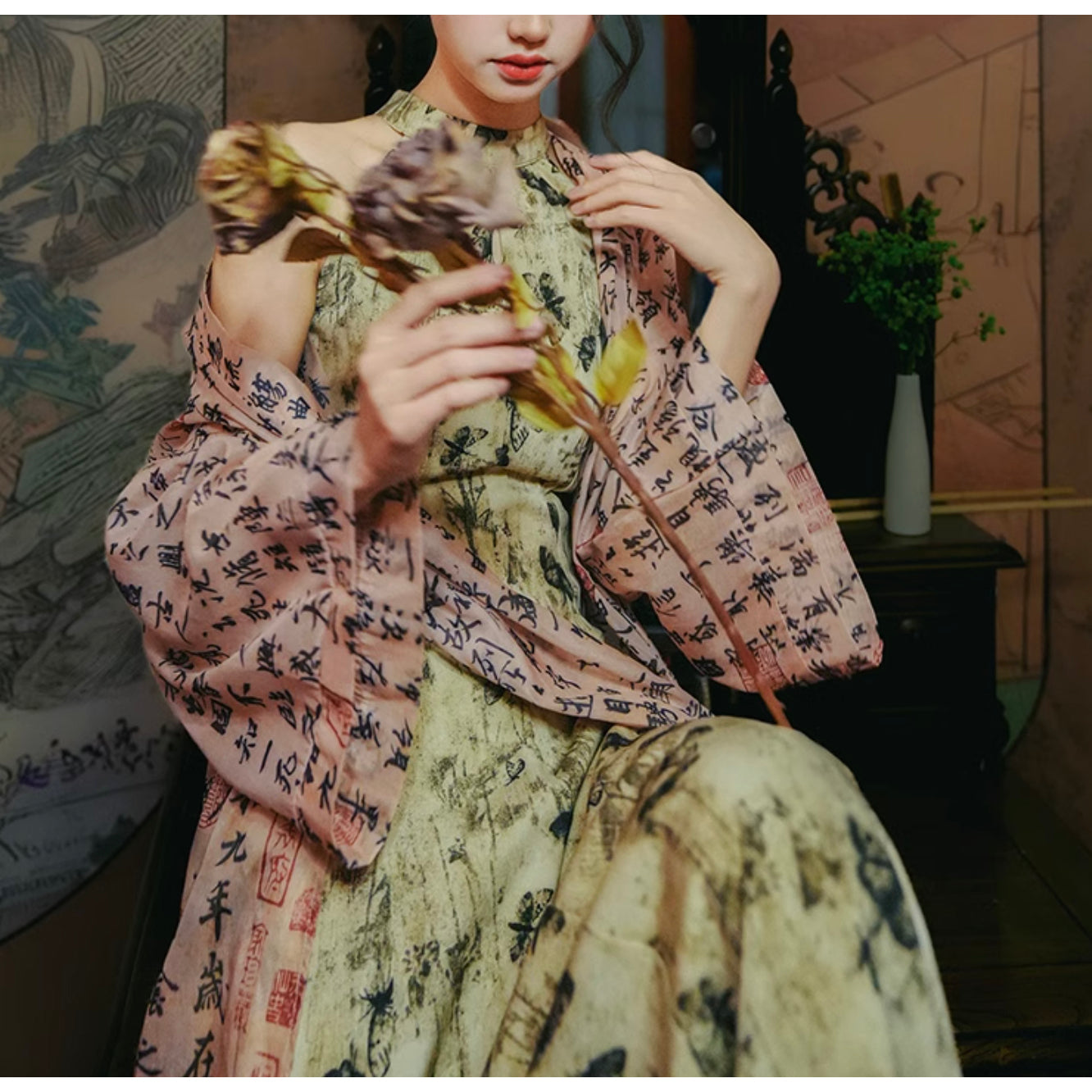 蝶々の水墨画ロングワンピース