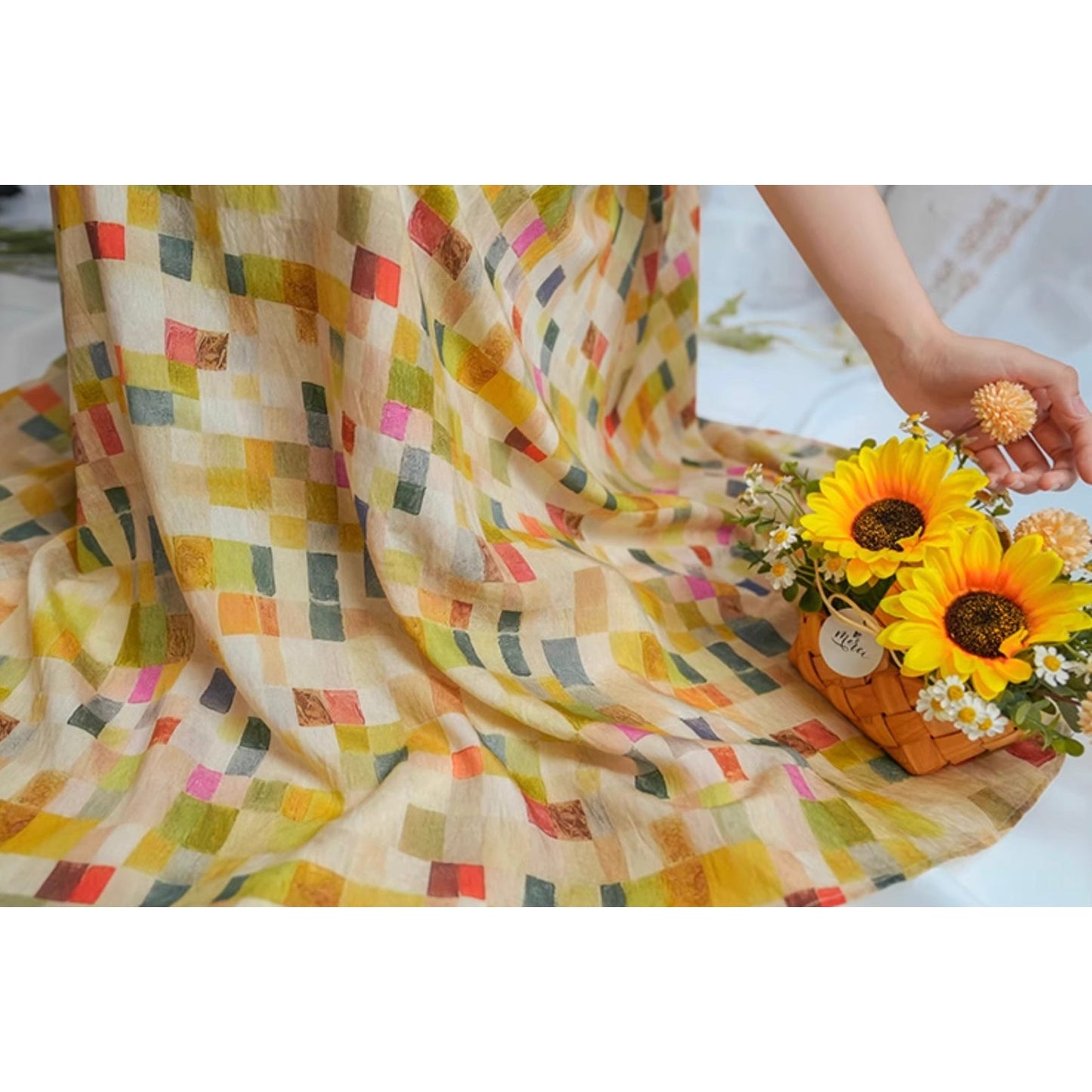 油彩画の格子柄レトロワンピース