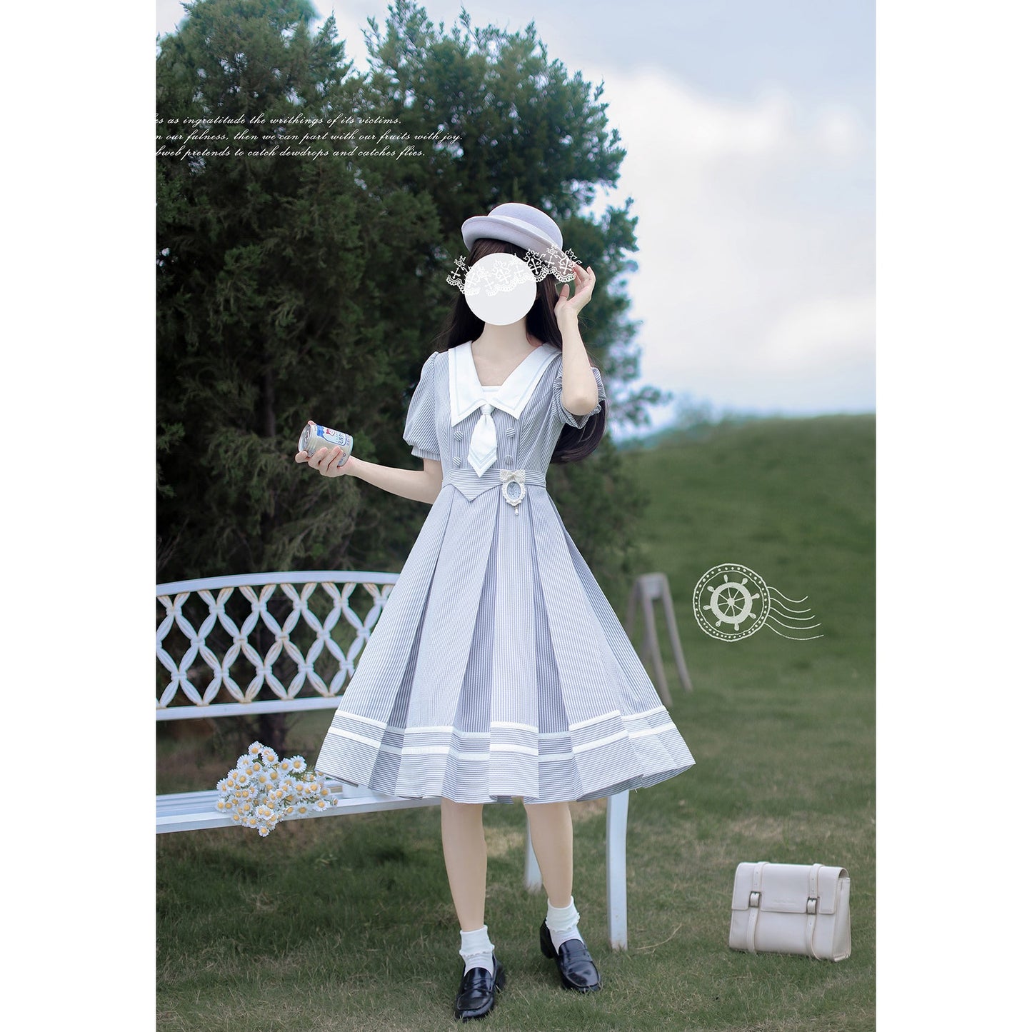 藍白のお嬢様の縦縞クラシカルワンピース