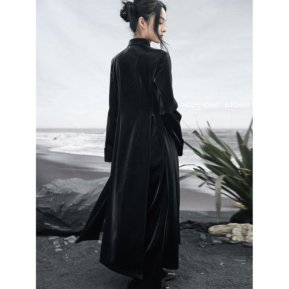 彼岸花の刺繍チャイナレザーロングコート