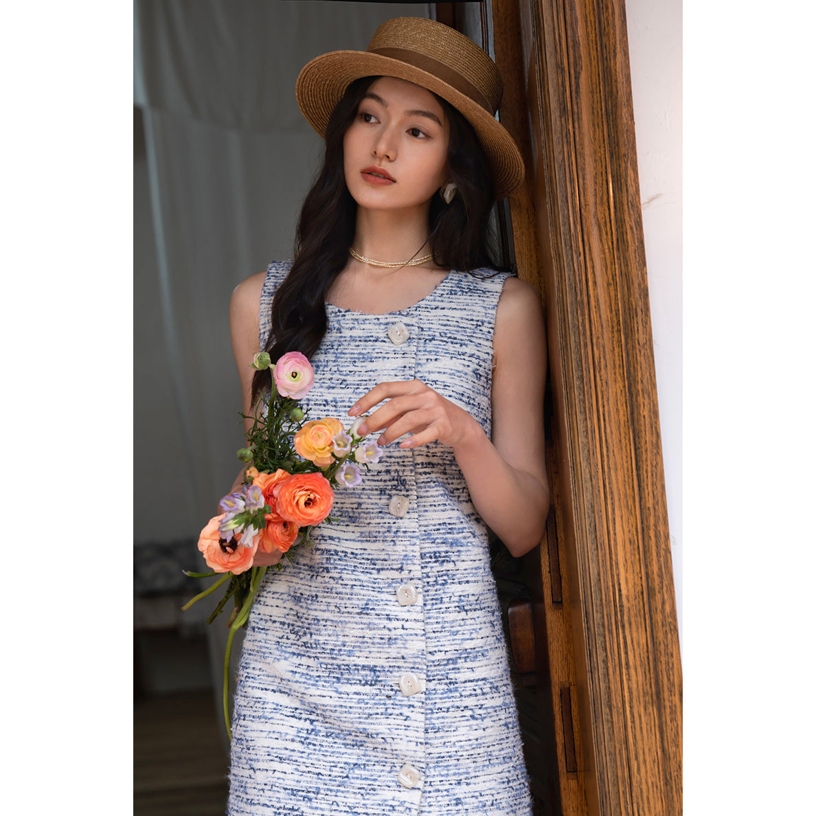 青藍の縞模様ノースリーブワンピース