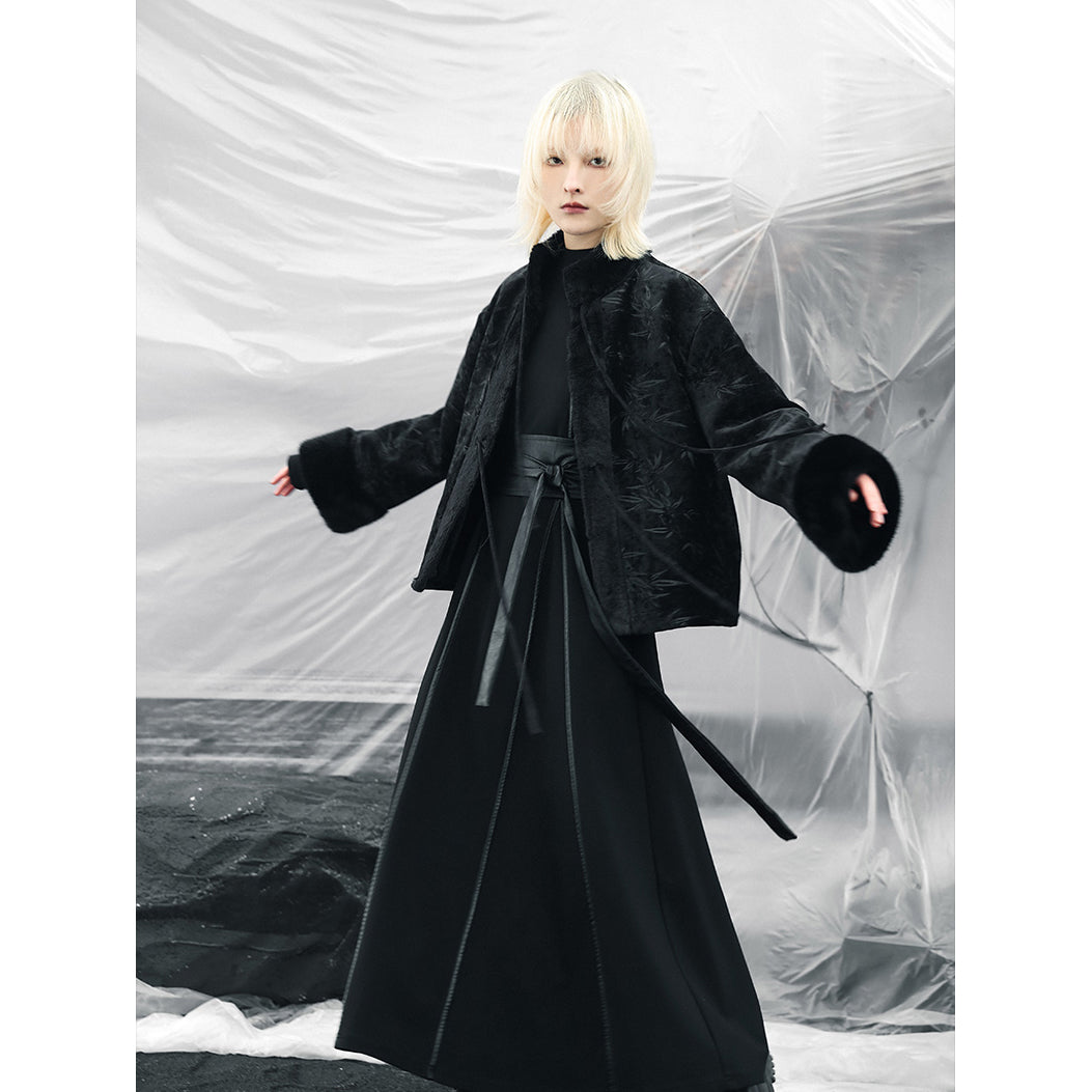 漆黒の竹林柄チャイナボアジャケット