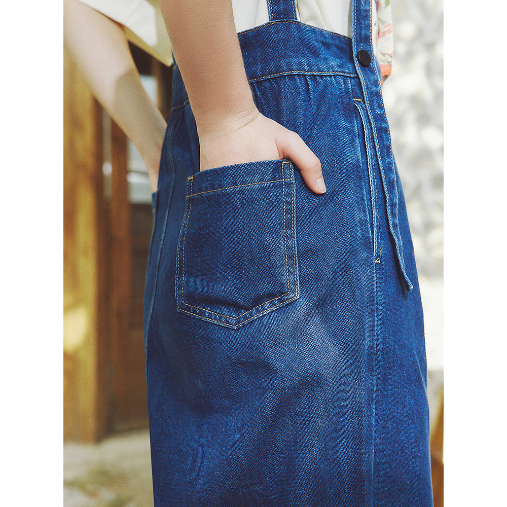 花瓶の向日葵の刺繍デニムサロペットパンツ