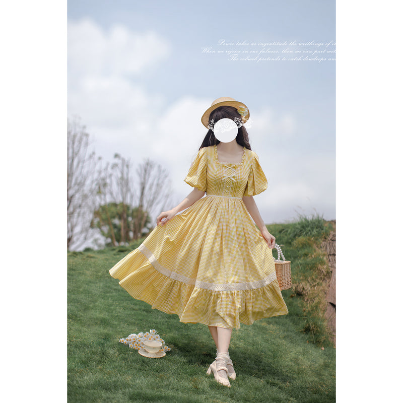 Pale yellow lady retro dress and apron