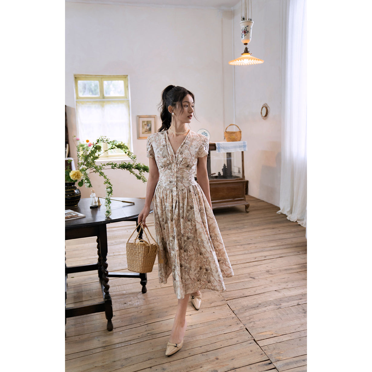 夕靄の花鳥画レトロワンピース