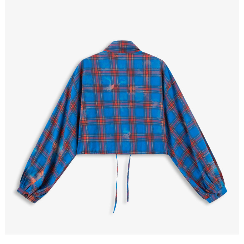 青藍格子柄のショートジャケット
