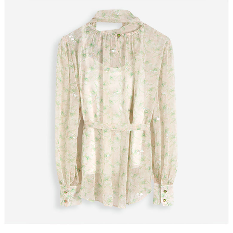 白鳥刺繍と花柄シフォンブラウス