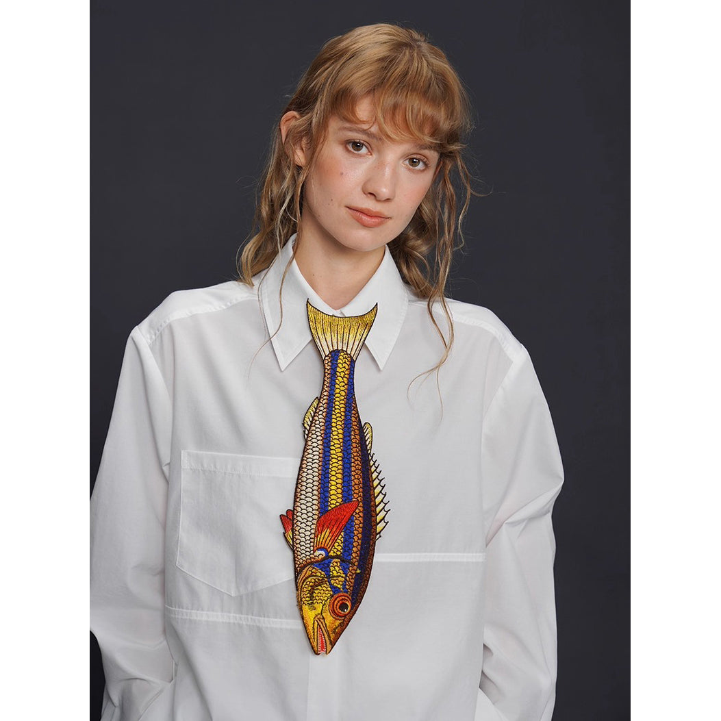 お魚の刺繍ネクタイ(ブルー×イエロー)