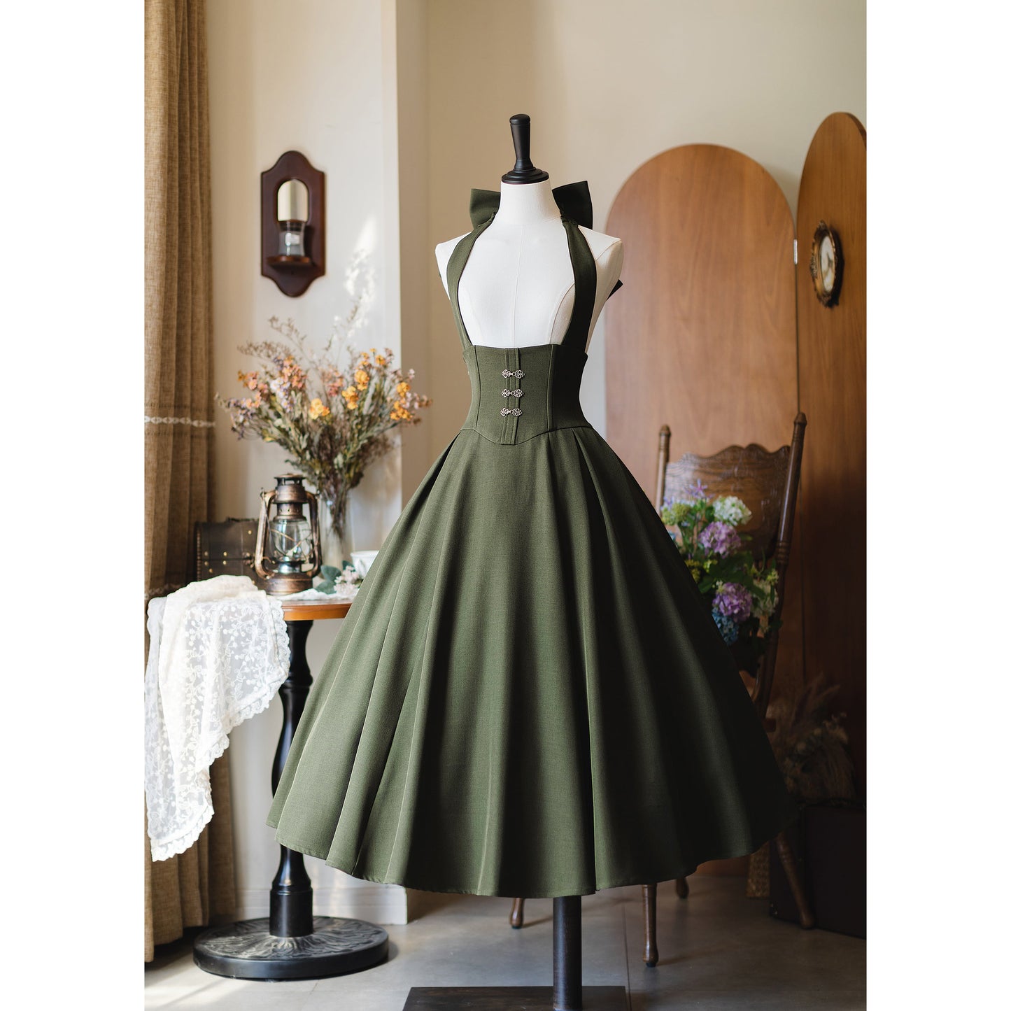 英国のお嬢様のクラシカルジャンパースカート - ロング丈(モスグリーン)