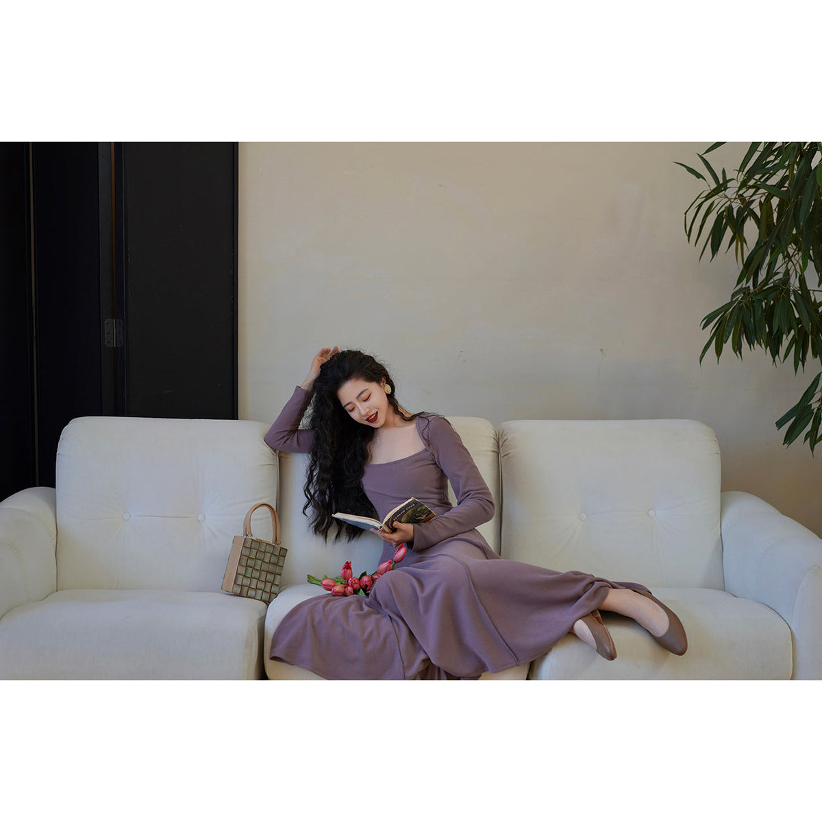 淑女のためのレトロワンピース - Gray Purple