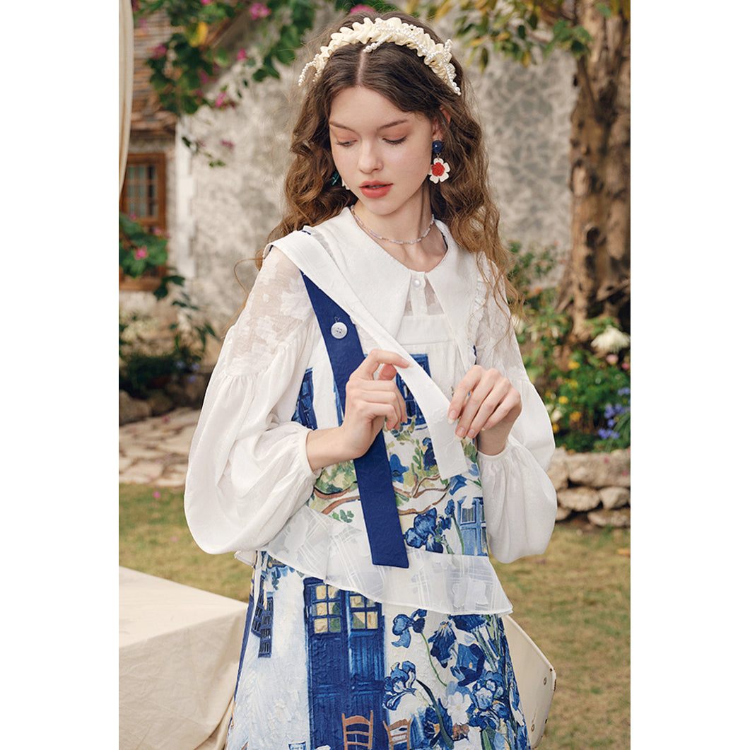 アイリスの花の油彩画ティアードワンピース