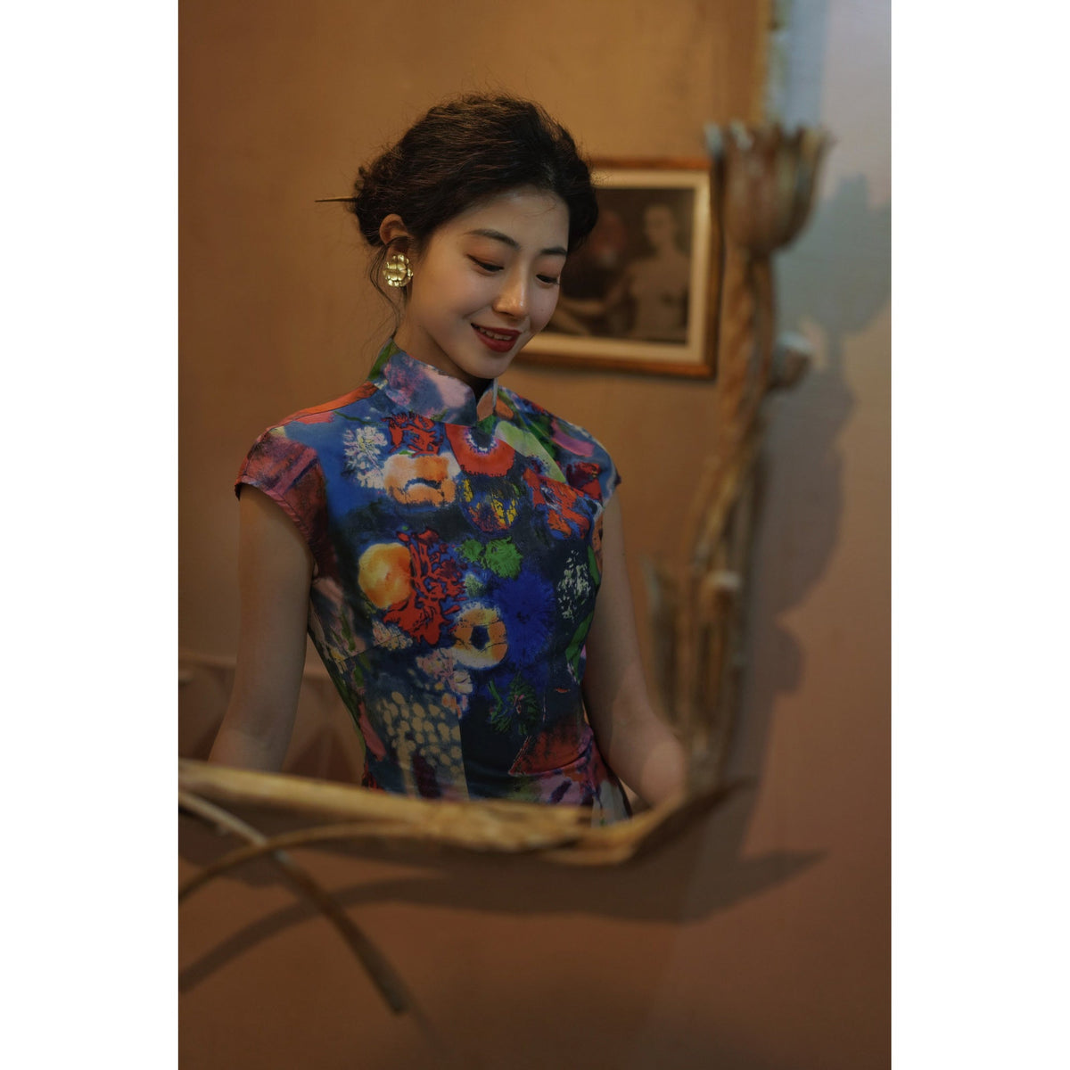 朝顔の油彩画チャイナワンピース