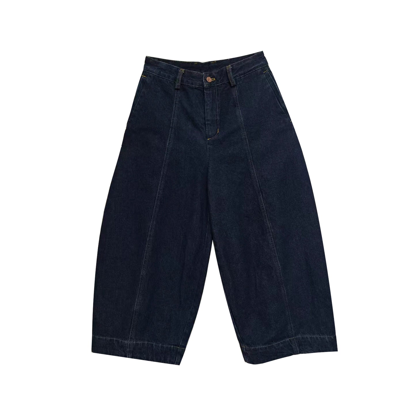 紺藍色のクロップドワイドデニムパンツ