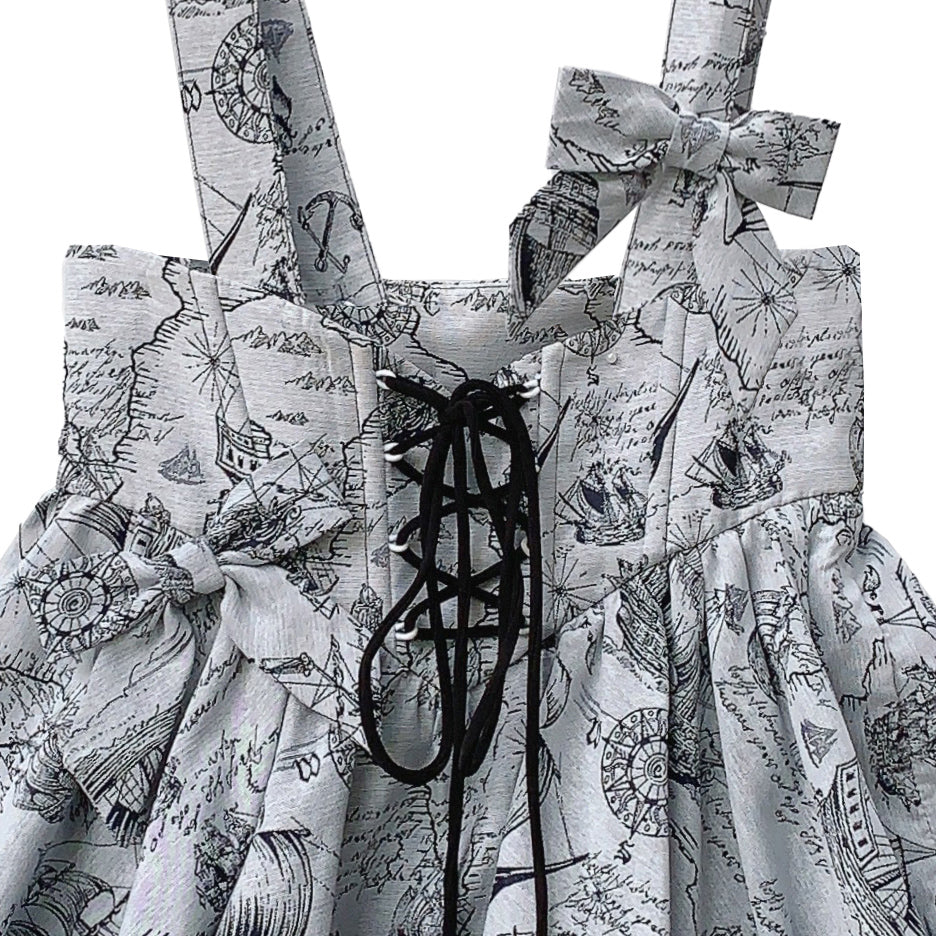 帆船と羅針盤の線画ストラップバルーンスカートとブラウス - Black