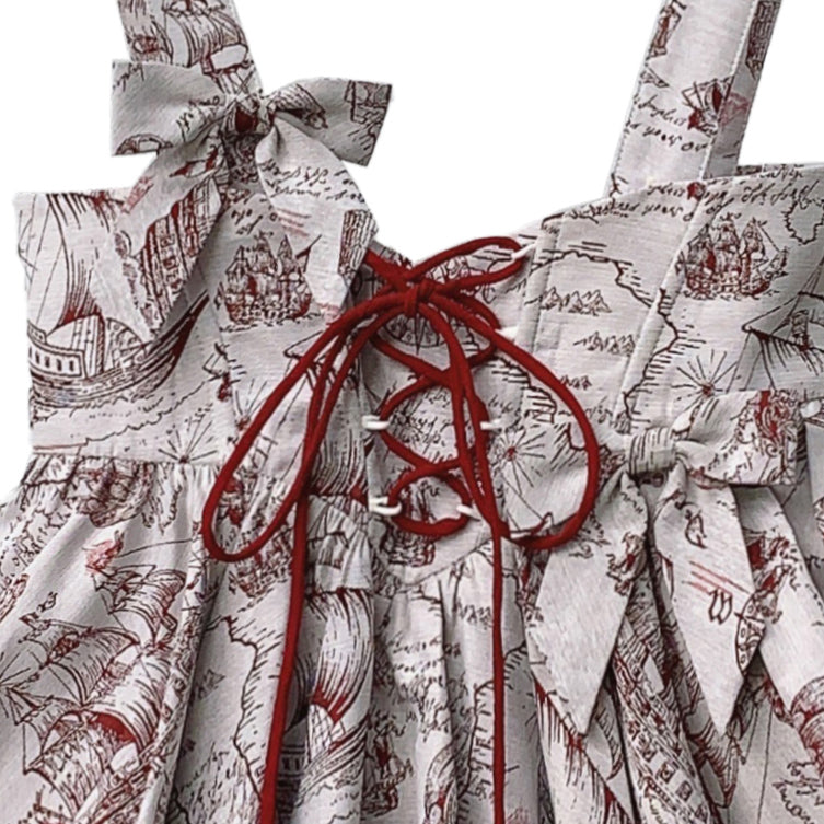 帆船と羅針盤の線画ストラップバルーンスカートとブラウス - Wine Red