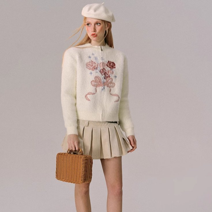 Gift Sweater Mink Velvet Jacquard Zip Knit Cardigan