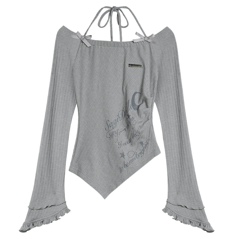 Gray printed irregular hem T-shirt with halter neck