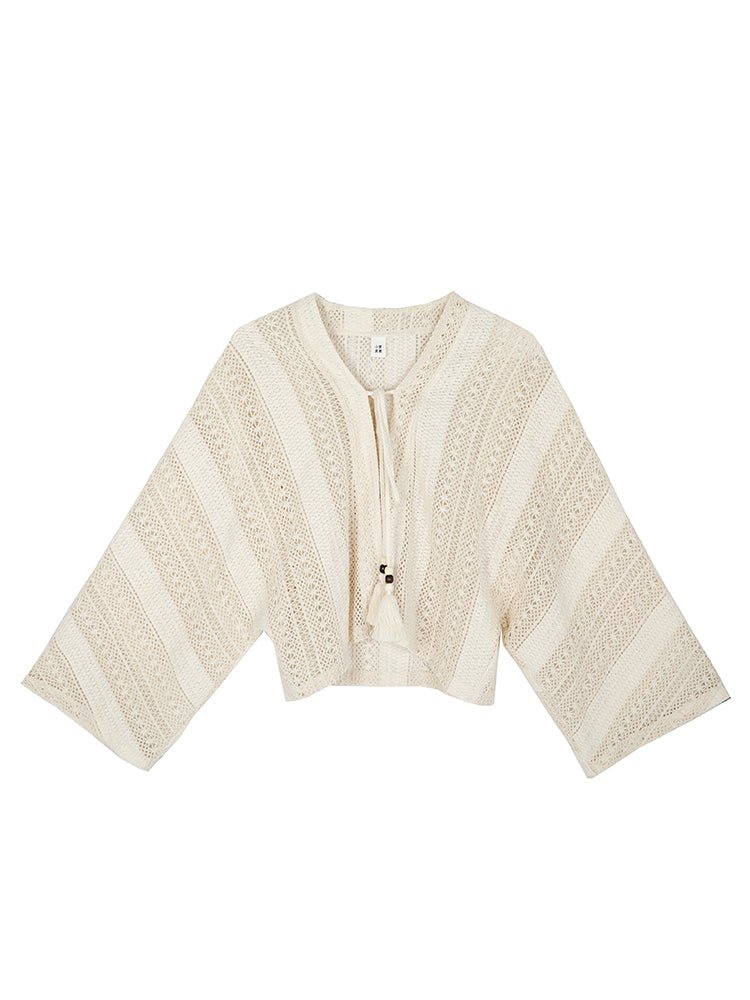 Off-white short knit cardigan in ethnic style