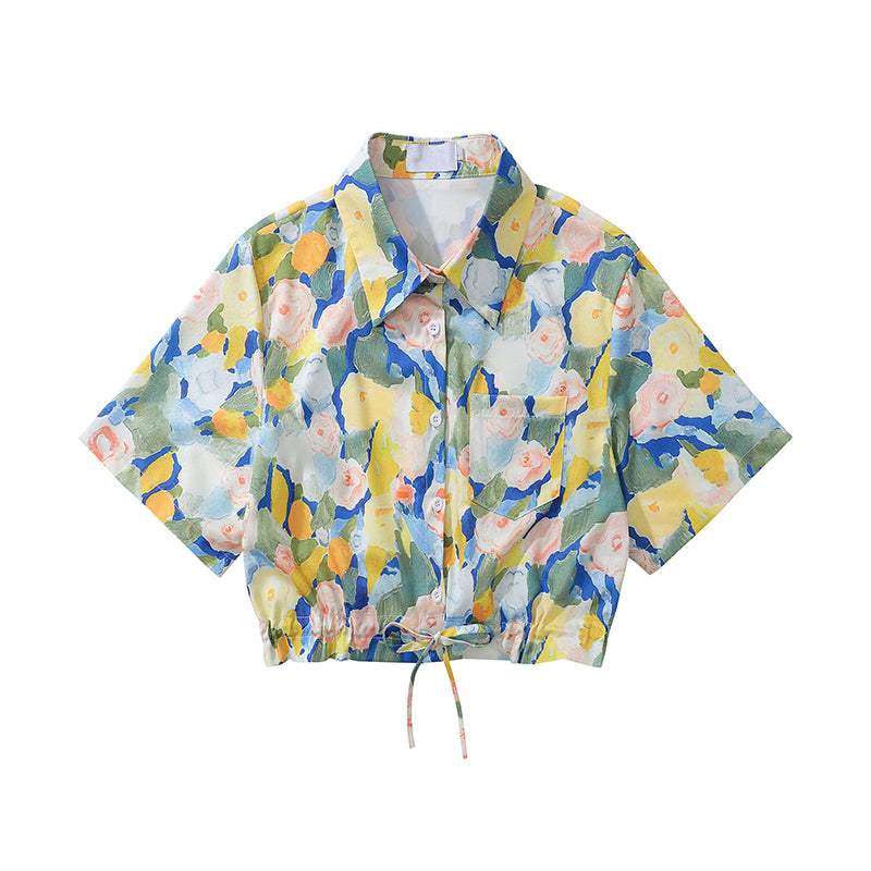 油彩画の花群集ショートシャツ