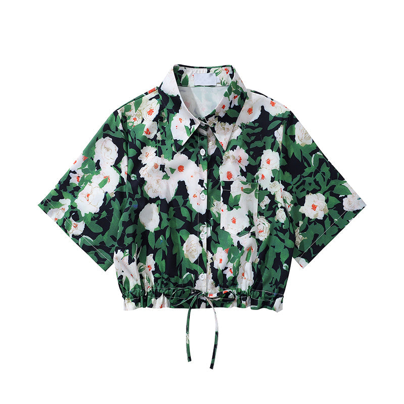 深緑の白椿ショートシャツ