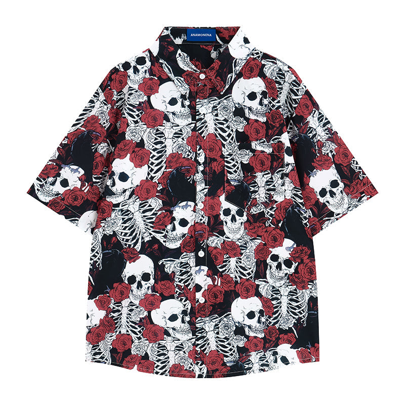 髑髏と肋骨と薔薇柄シャツ