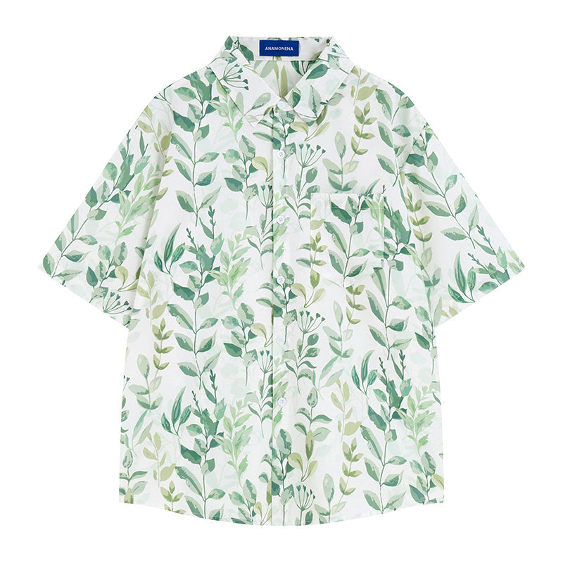 薄緑の木の葉柄シャツ