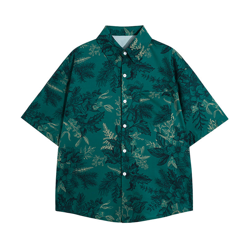 深緑の植物柄シャツ