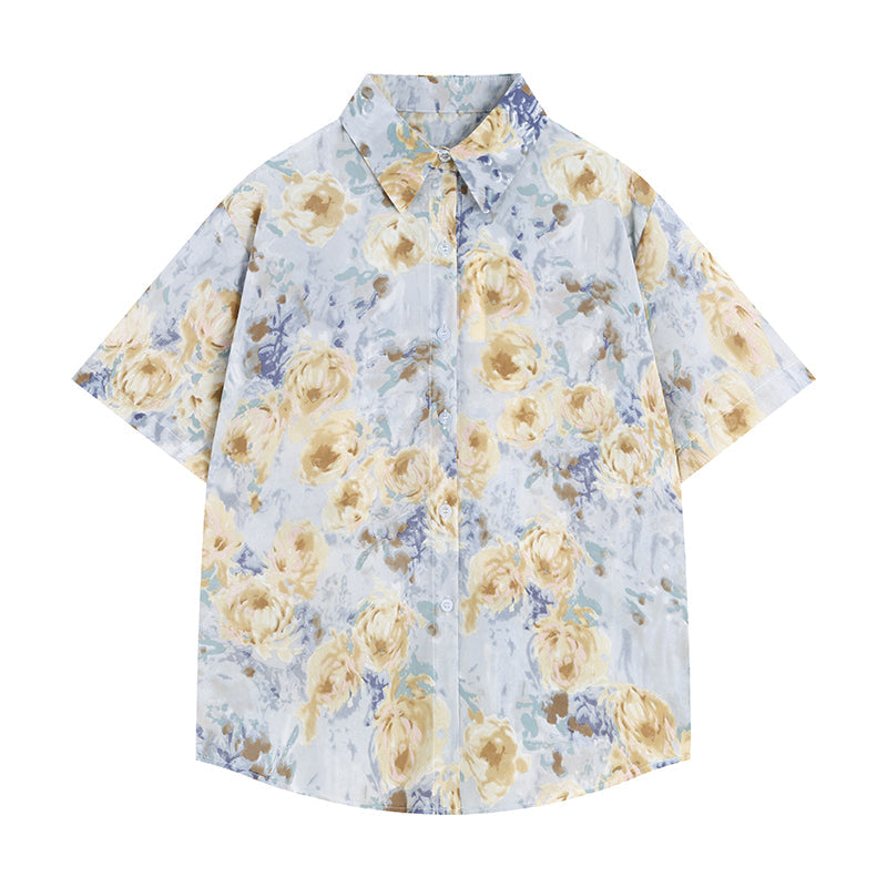 灰青の薔薇柄シャツ